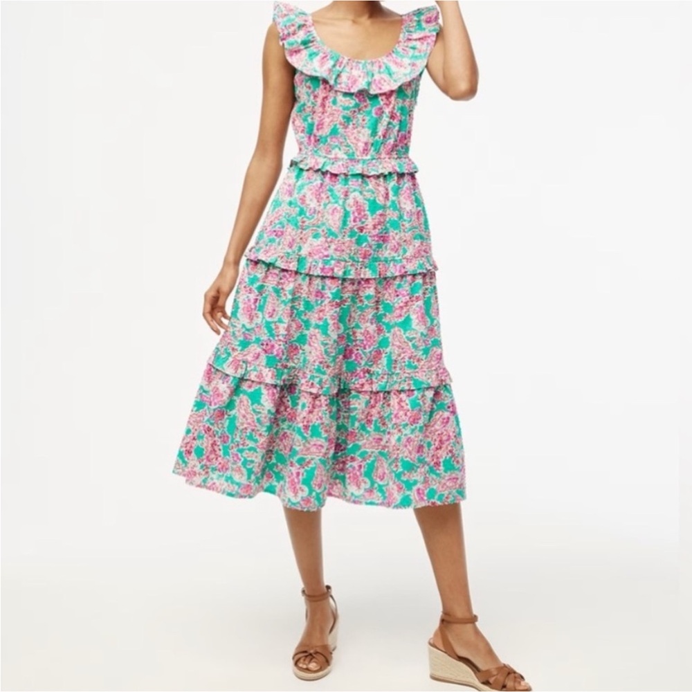 J. Crew Floral Ruffle Midi Dress - Pink and Green Size 6